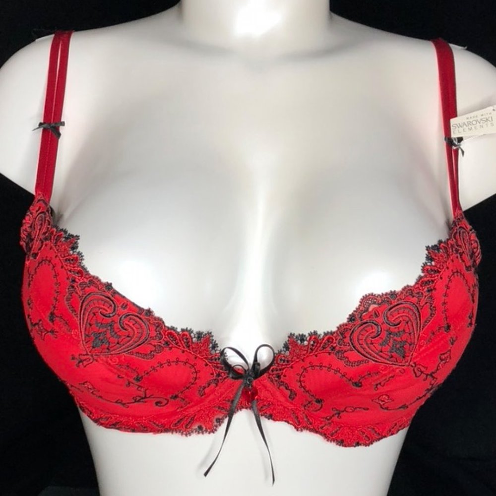 Elegant Red Lace Bra with black embroidery, crystal appliqués